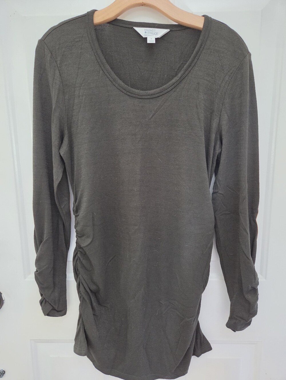 Market & Spruce Alma Long Sleeve Maternity Elbow Patch Knit Top Olive Green